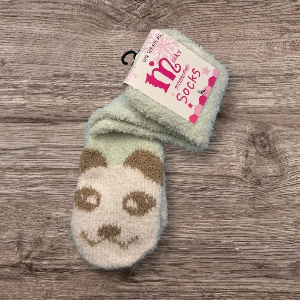 Panda Bear‎ Face Fuzzy Crew Socks White Black Warm Cozy Fluffy